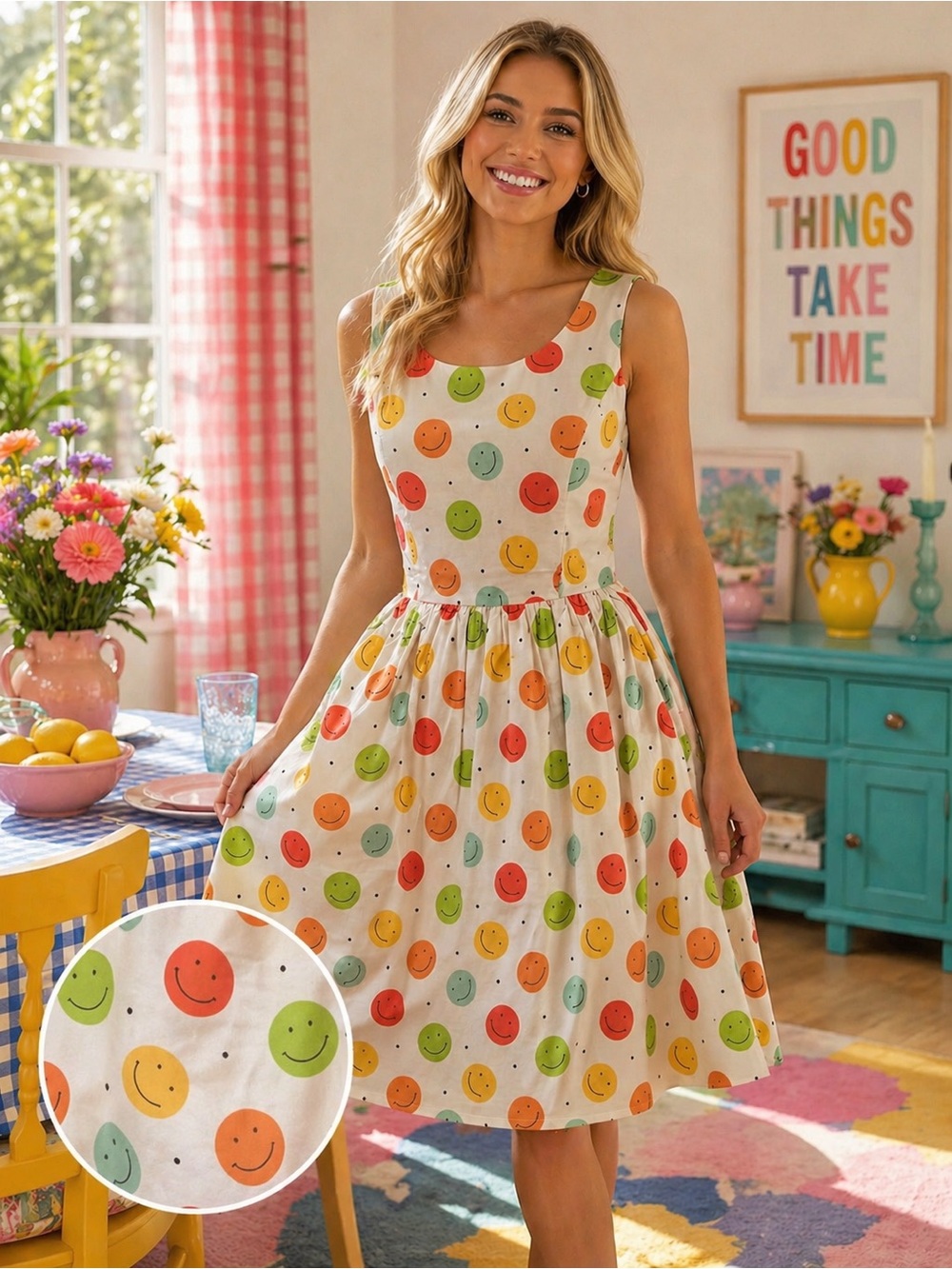 NWT Tulip B Smiley Print Sleeveless Midi Dress Cream Multicolor Smiles Cotton